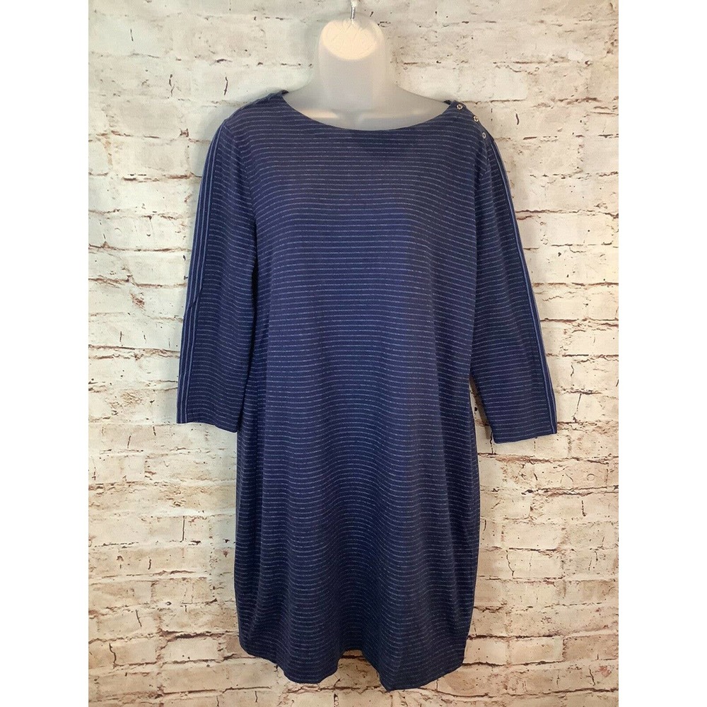 Kenar Womens Shirt Dress Size Large 3/4 Sleeves Knee Length Stripes Blue knit D
